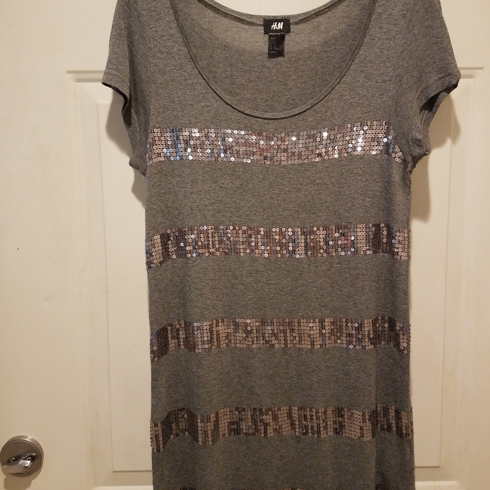 H&M Gray Short Sleeve Mini Dress with Sequin Stripes